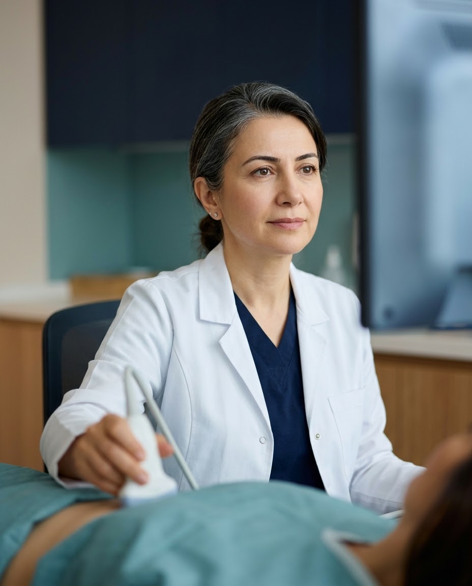 Prof. Dr. Selin Aydın ekokardiyografi yaparken; elinde prob.